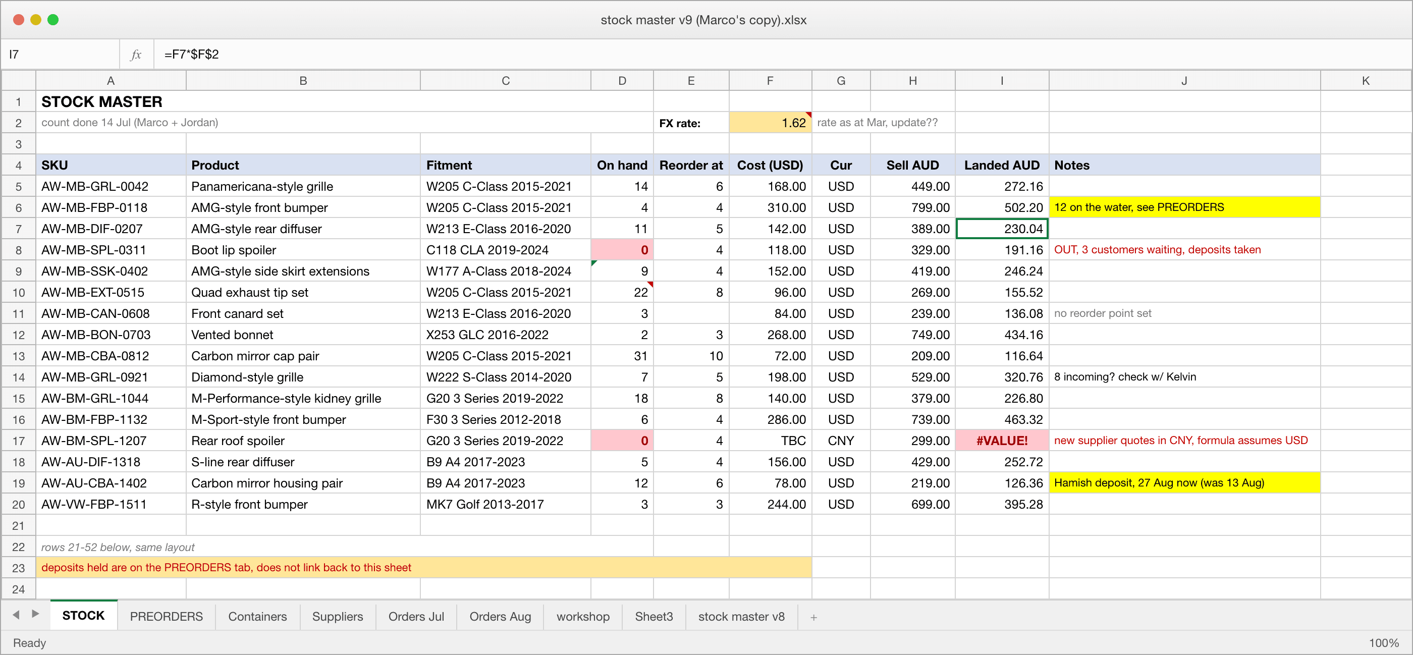 A spreadsheet tracking stock, reorder points and landed cost, with a hardcoded exchange rate and a broken formula