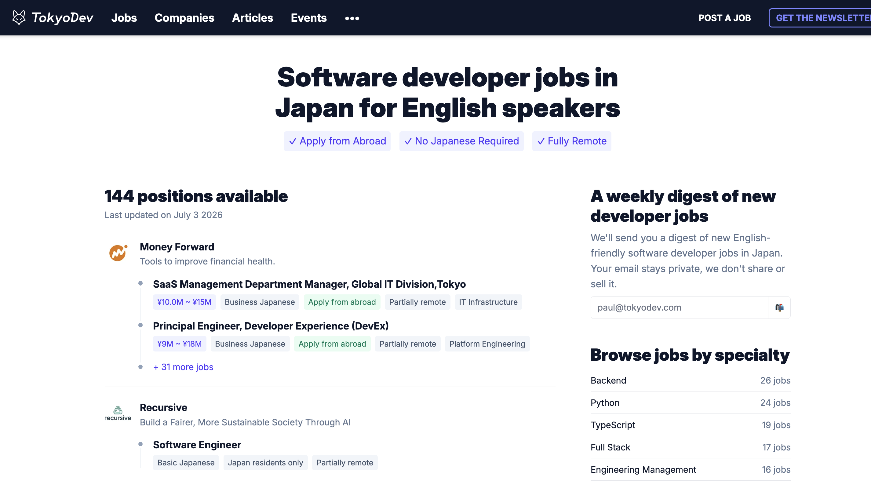 TokyoDev's filters do the work: apply from abroad, no Japanese required, and salaries right on the listing